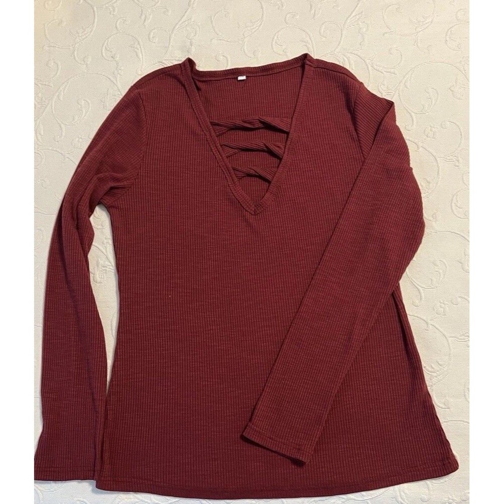 Womens Burgundy Knit Deep V-Neck Strappy Crisscross Long Sleeve Stretch Top